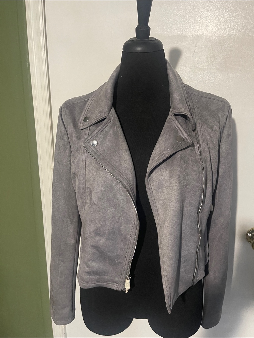 New Express Gray Suede-Look Women's Moto Jacket - Stylish Asymmetric Zip